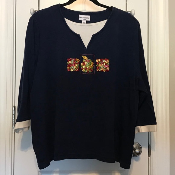 Breckenridge fall-themed long sleeved blue top with button apple design (2X) - Picture 5 of 16